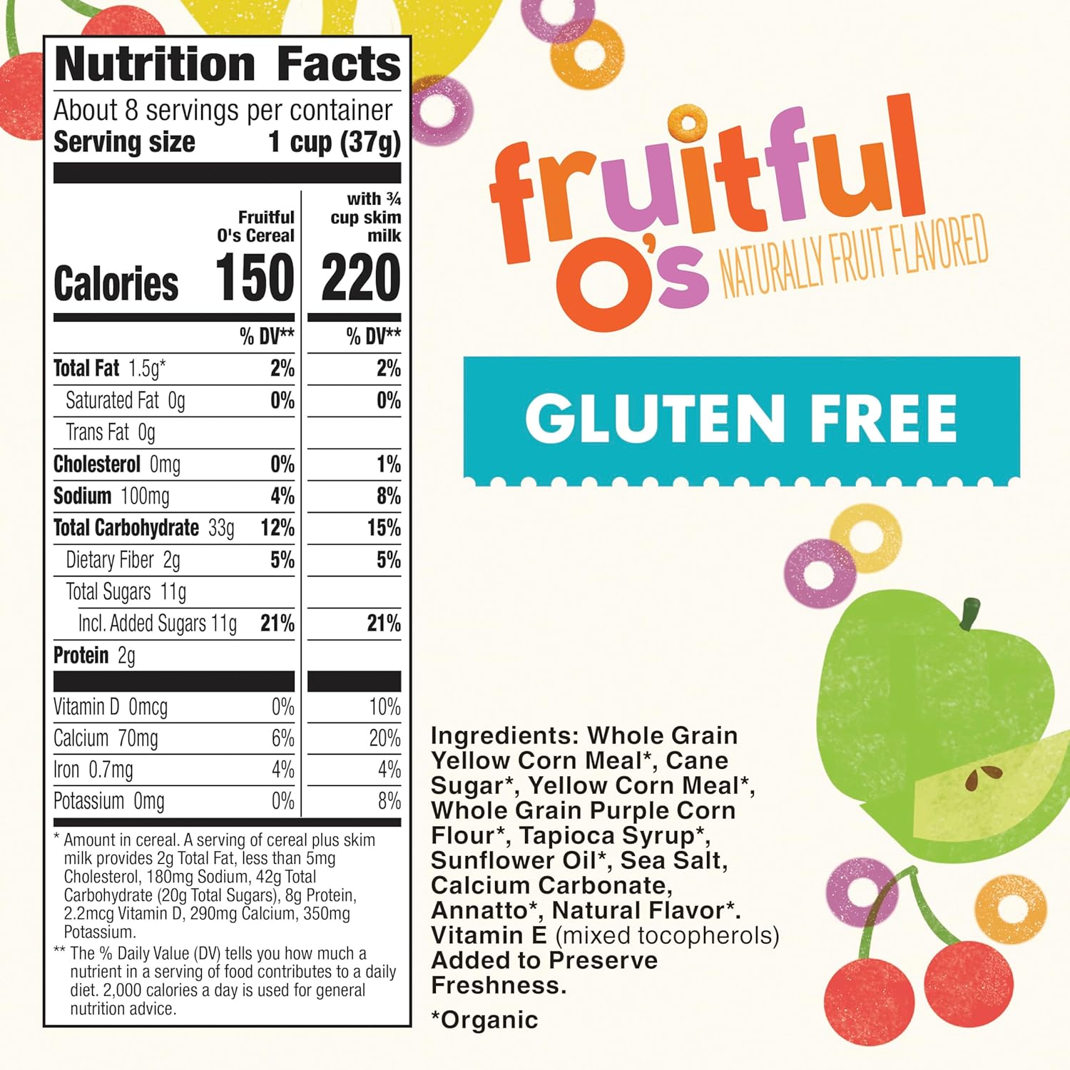 Cascadian Farm Organic Fruitful O's Cereal, Gluten Free, 10.2 oz, Whole Grain, Non-GMO, USDA Organic