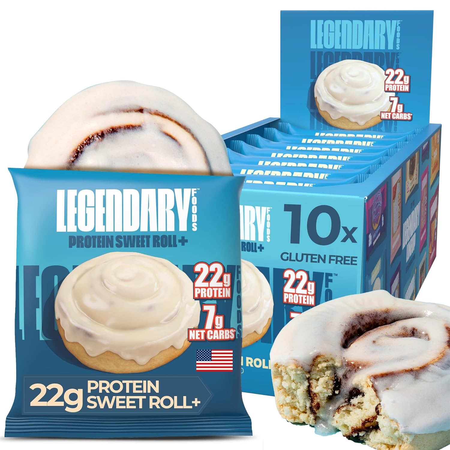 Legendary Foods Gluten-Free, Low Carb Cinnamon Roll Protein Bars, 22g Protein, 10-Pack