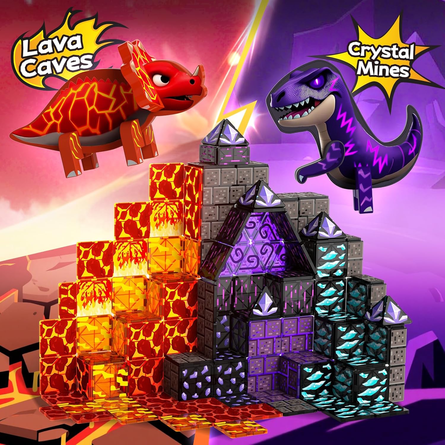 GobiDex Dinosaur Toys Magnetic Tiles Lava Cave Dinosaur World Set - Magnetic Building Blocks for Kids 3-5 5-7 Girls Boys Toys Age 4-6 6-8, STEM Sensory Toddler Birthday Gifts for 3+ Year Old Kids Toy