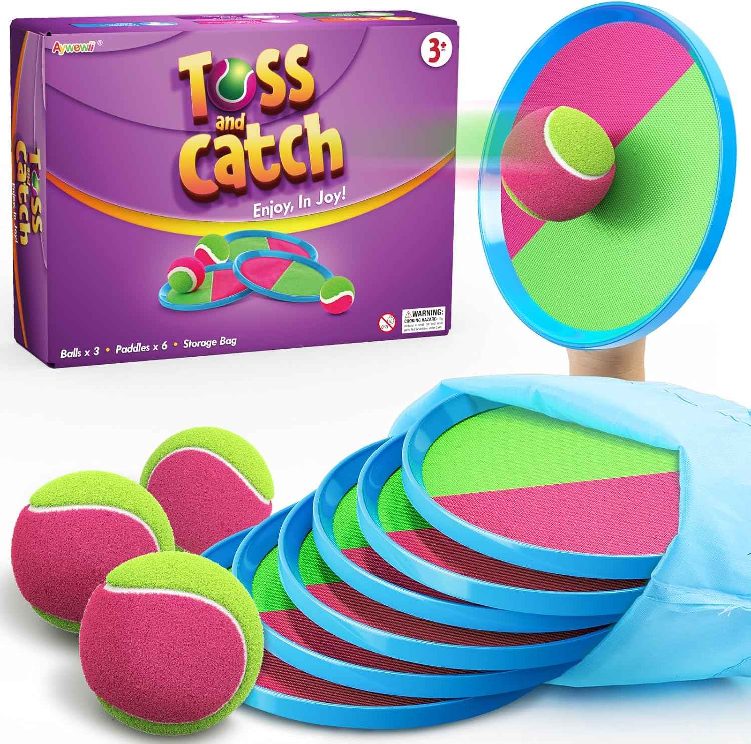Aywewii Toss and Catch Ball Set, Boys Toys for 3 4 5 6 7 8 Year Old, Kids Sports Gifts, Outdoor Games for Backyard Camping Beach Pool Family Party, Valentines Day Gifts for Kids - 6 Paddles & 3 Balls