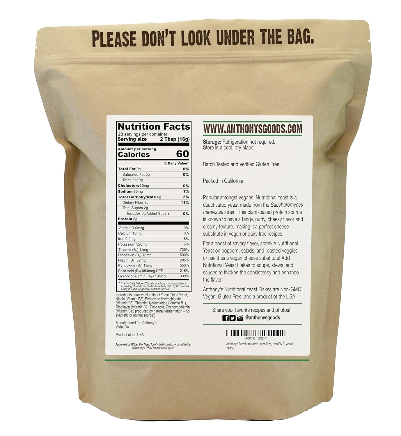 anthony's premium nutritional yeast flakes 1 lb fortified gluten free non gmo vegan nutrition