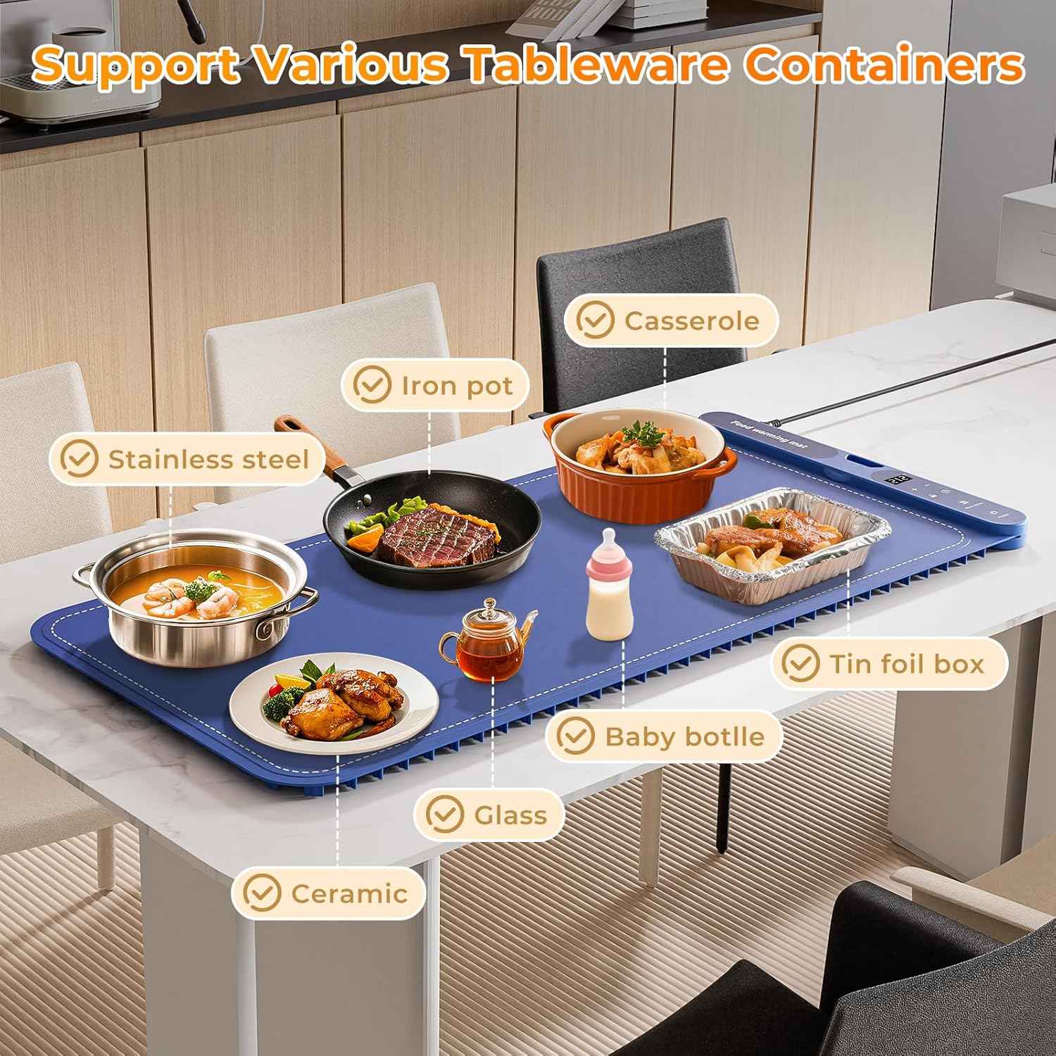 Warming Mat for Food Extra Large 32"x15", Electric Silicone Food Warmer Trays for Chafing Dishes & Buffet,Portable Countertop Food Warmers for Parties, 7-Level Temp 8-Hour Timer， Blue