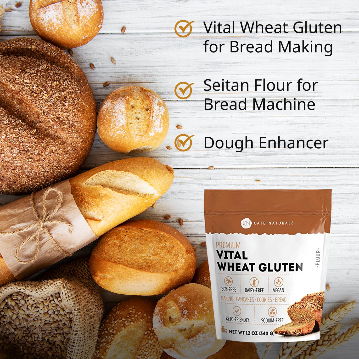 Kate Naturals Vital Wheat Gluten, 12oz, High Protein Flour for Bread, Seitan, and Keto Baking