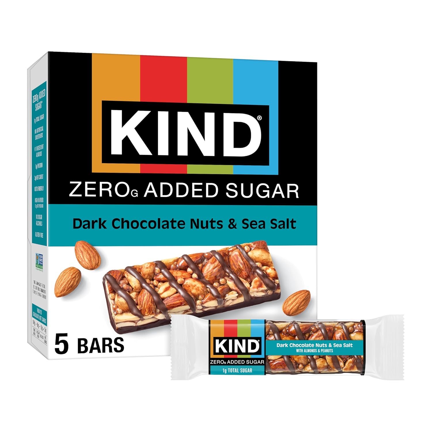 keto-friendly kind zero dark chocolate nuts and sea salt bars, gluten-free, 5g protein, 5 count