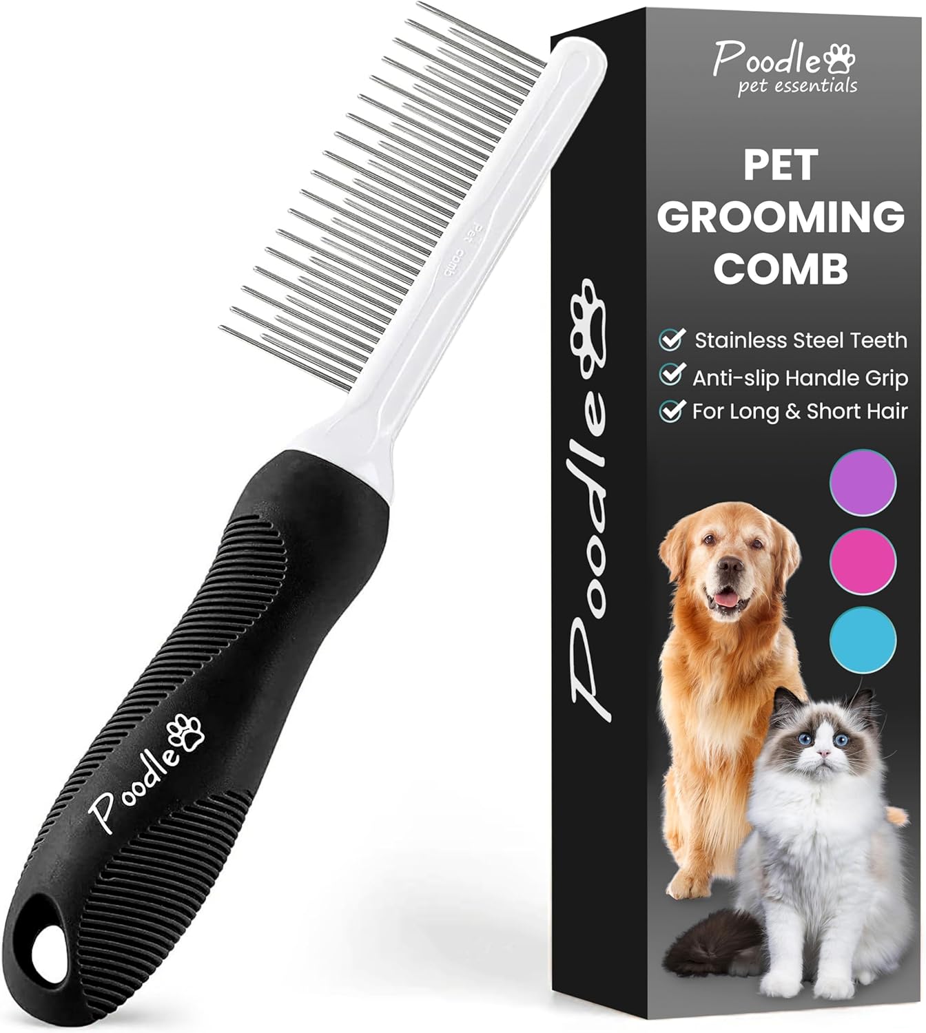 poodle-dematting-fur-rake-comb-brush-for-dogs-and-cats-with-long-2.5inch-steel-safety-blades