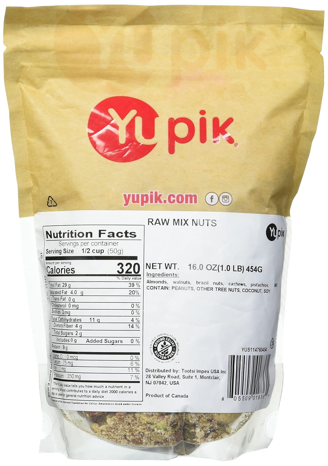 Yupik raw mix nuts, 1 lb, natural mixed nuts with almonds, walnuts, pistachios, cashews, and Brazil nuts, healthy snack, brown