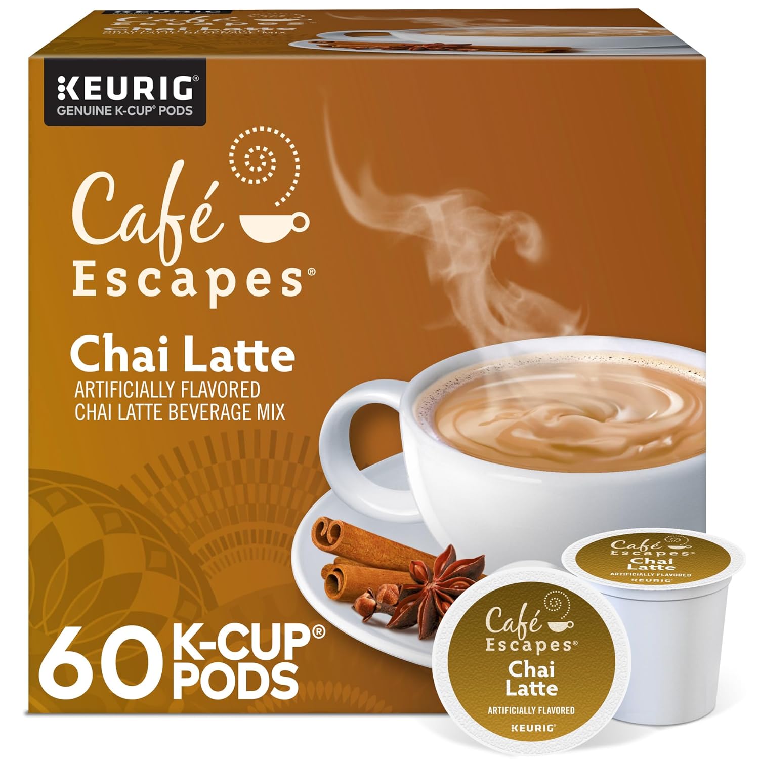 Café Escapes Chai Latte single-serve K-cup pods in 60 count box, low caffeine, contains milk, black tea and spices