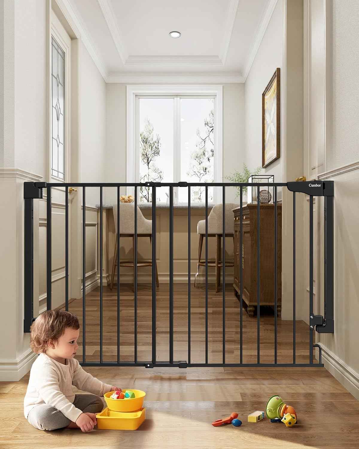 Cumbor 29.2–43" Baby Gate for Stairs, Wall-Mounted (Drill Required), Expandable No Bottom Bar Dog Gate, Auto Close Extra Wide Walk Thru, Pet & Toddler Proof Gate, Top & Bottom of Stairways (White)