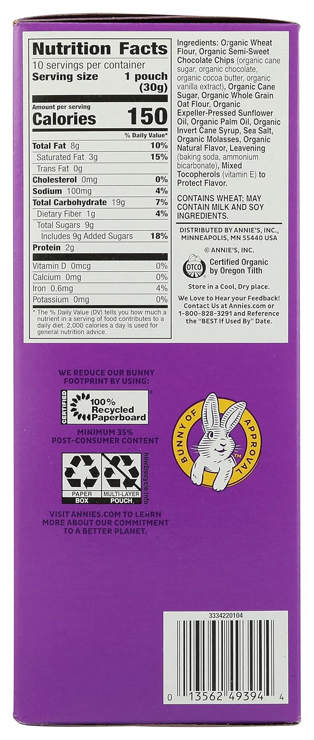 Annie's organic chocolate chip cookie bites, 10 pouches, 10.5 oz, no artificial flavors, non-GMO, certified USDA Organic