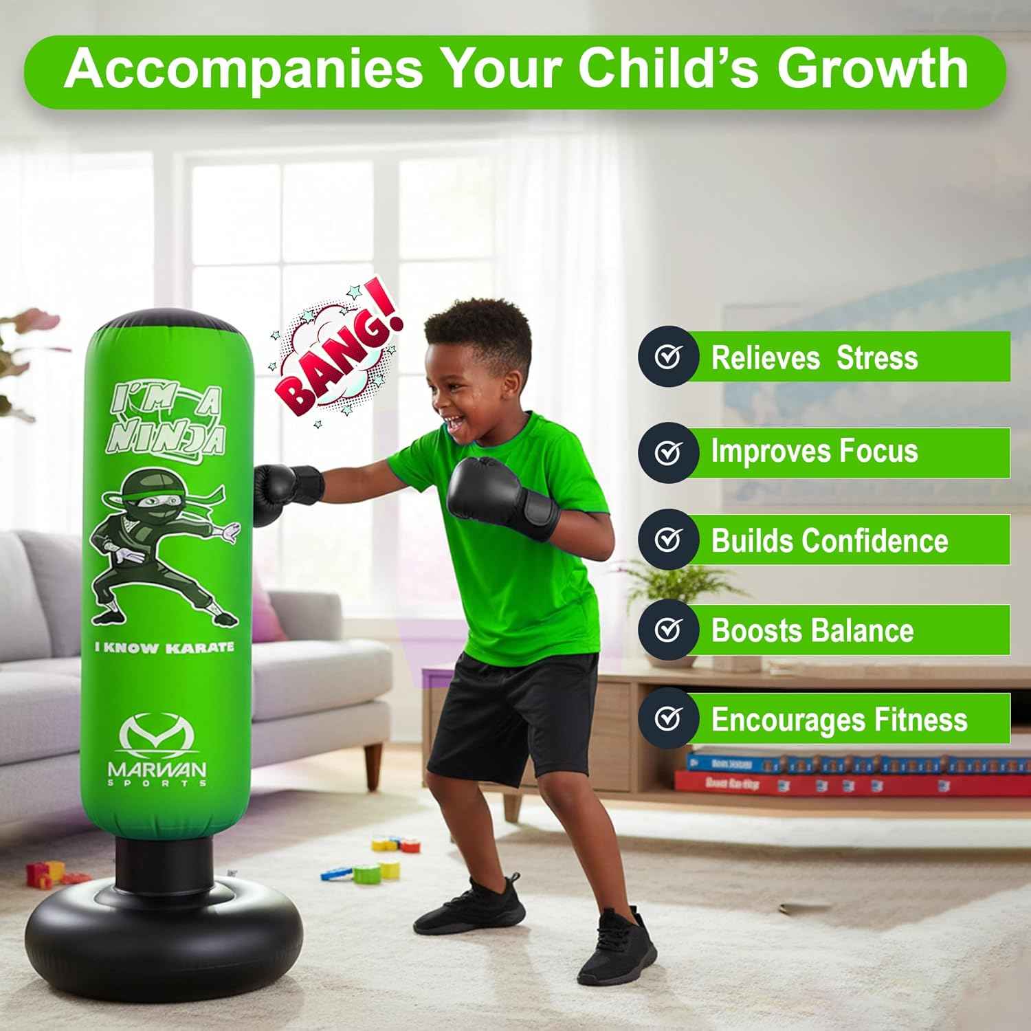 Marwan Sports 5-in-1 Inflatable Punching Bag for Kids – 63" Karate Toy Set with Boxing Gloves, Durable Fast Rebound, Active Play, Stress Relief Christmas/Birthday Gift for Boys & Girls Ages 4-12
