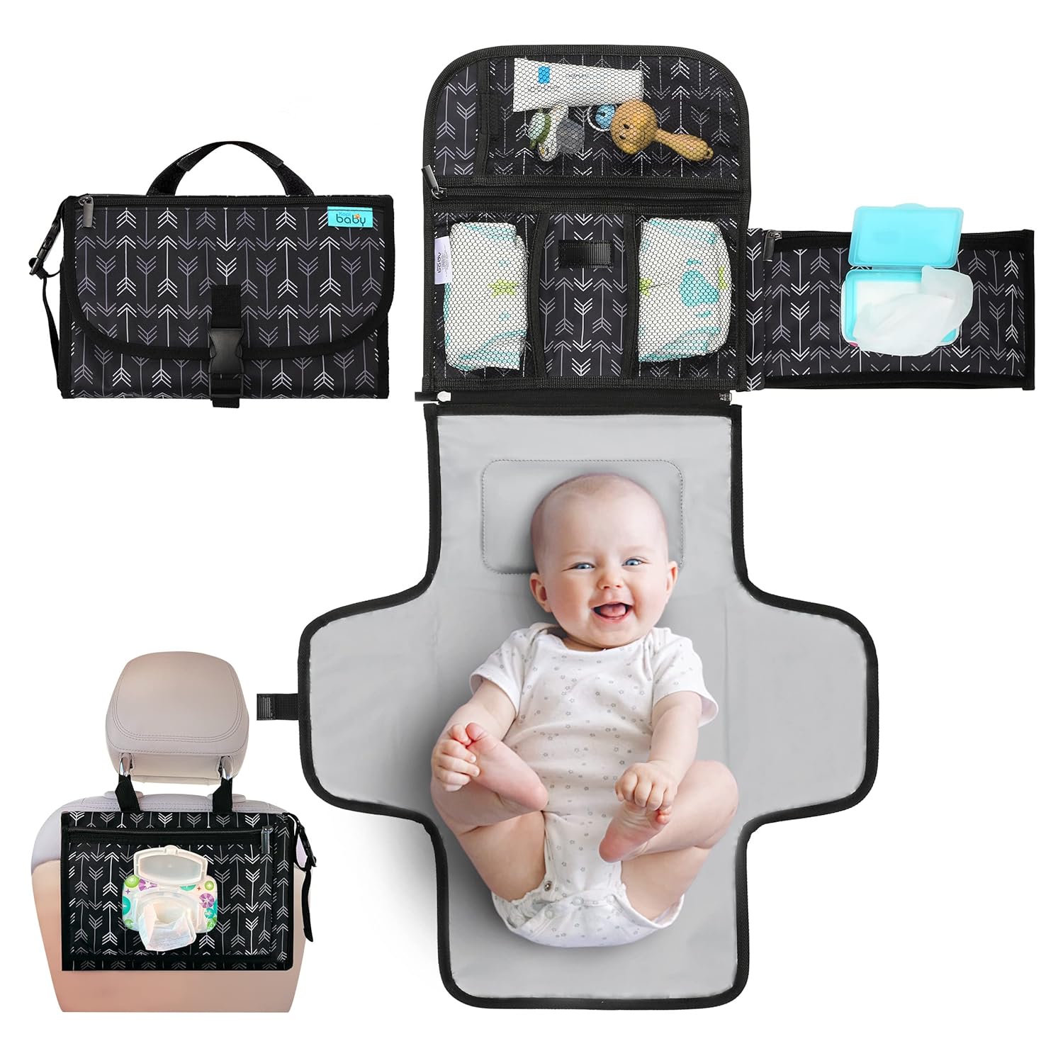 Kopi Baby Portable Diaper Changing Pad - Grey, Classic, 7.35 x 11.5 inches, Foldable, Infant Travel Station Kit, Newborn Gift