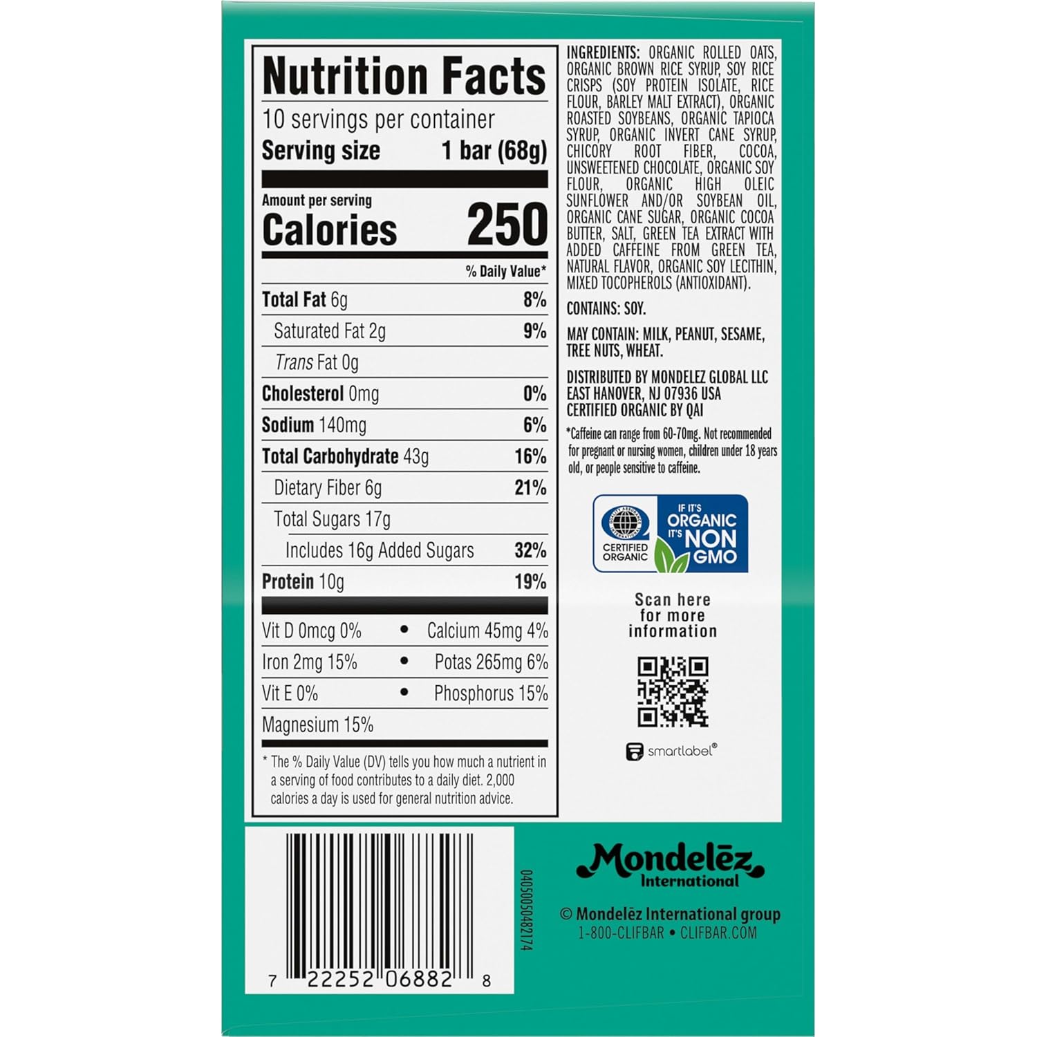 clif bar cool mint chocolate energy bars with caffeine 10-pack organic oats non-gmo