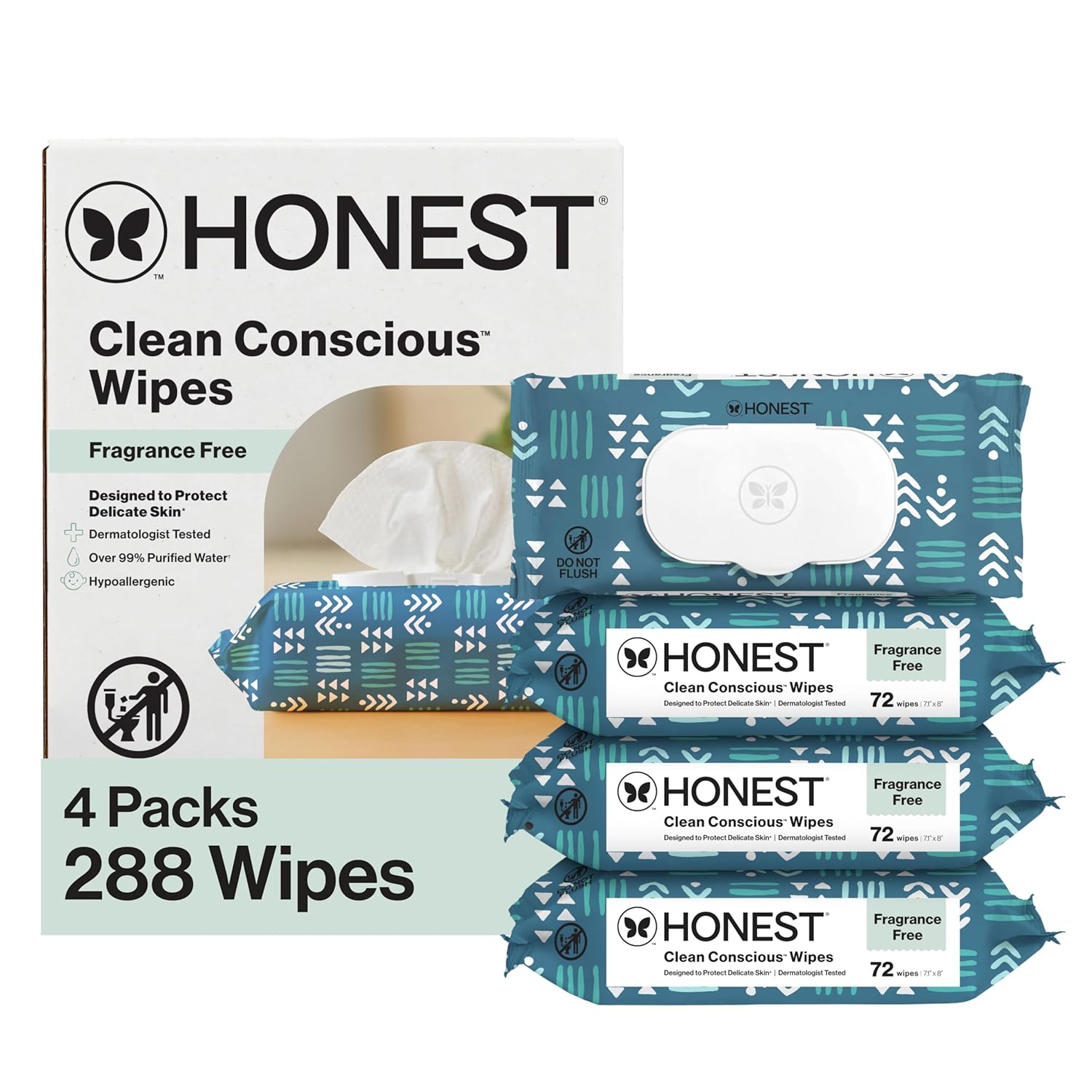 Honest Company Hypoallergenic Baby Wipes for Sensitive Skin, Fragrance-Free, 576 Count (6 Packs of 96)
