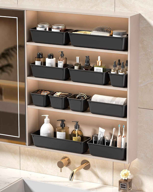 25 PCS Plastic Drawer Organizers Set, 4 Sizes Vanity Organizer, Makeup and Desk Drawer Organizer Trays, Organization and Storage for Makeup, Bathroom, Kitchen Utensils and Office (Black)