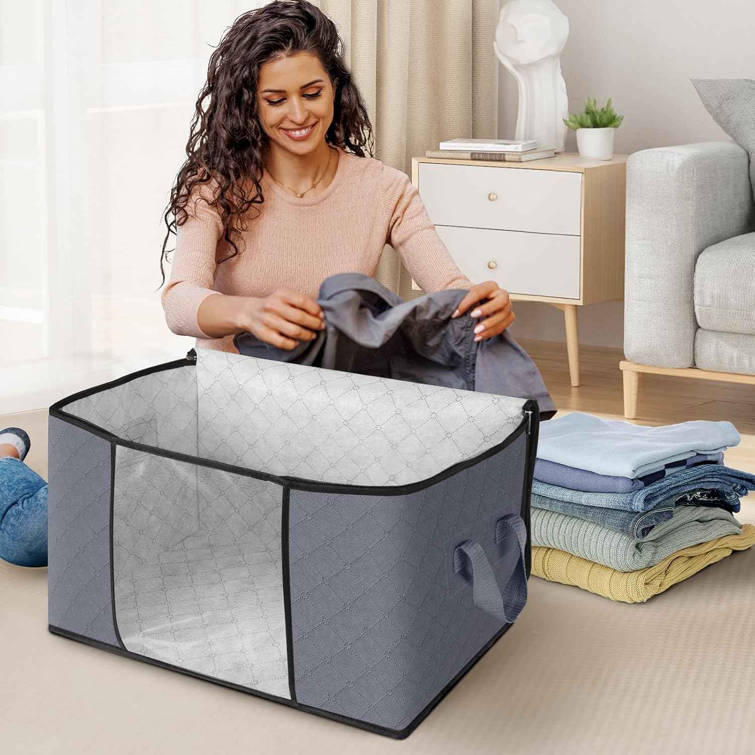 Fab totes Storage Bags,Clothes Blanket Storage Bins Foldable Closet Organizers with Reinforced Handle for Home Dorm Storage and Organization,Fabric Bags for Organizing Bed Sheets,Clothing,Comforters