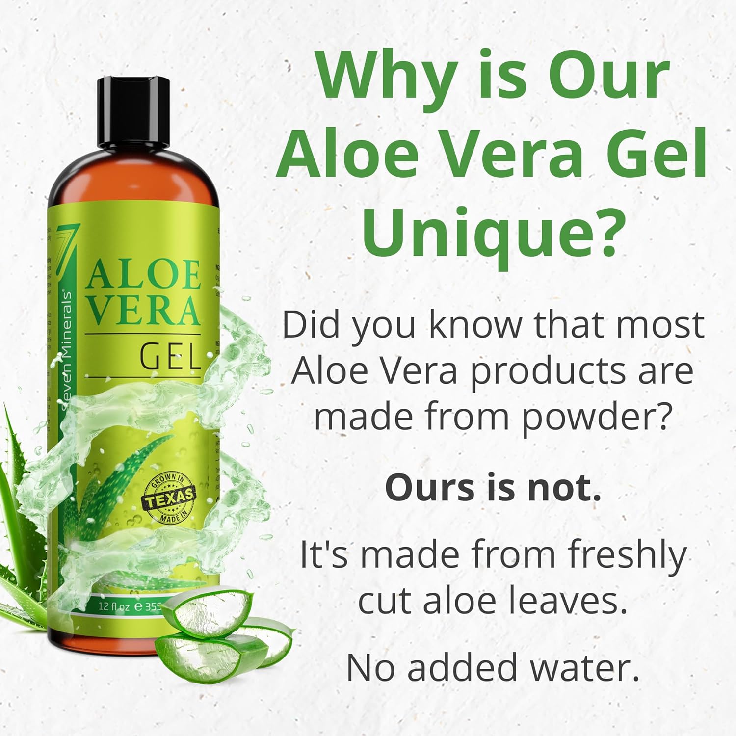 seven minerals organic aloe vera gel - 12oz - texas grown - vegan - unscented - for skin hair sunburn relief