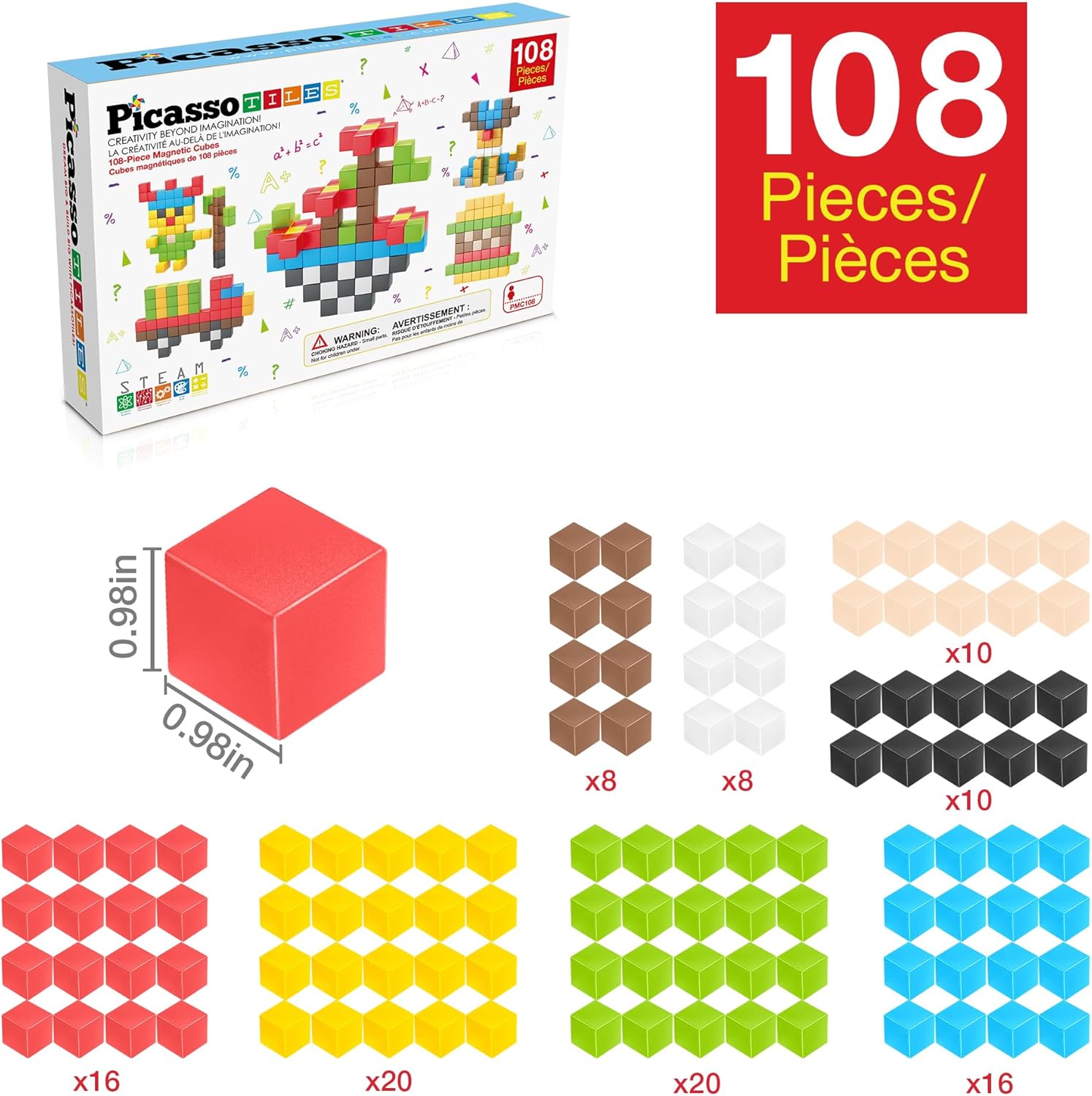 PicassoTiles 108pcs 1” Magnetic Puzzle Cubes Magnet Toys Preschool Construction Building Block Set Sensory Toy Early Education STEM Learning Come with Ideabook for Children Age 3+ Boy Girl PMC108