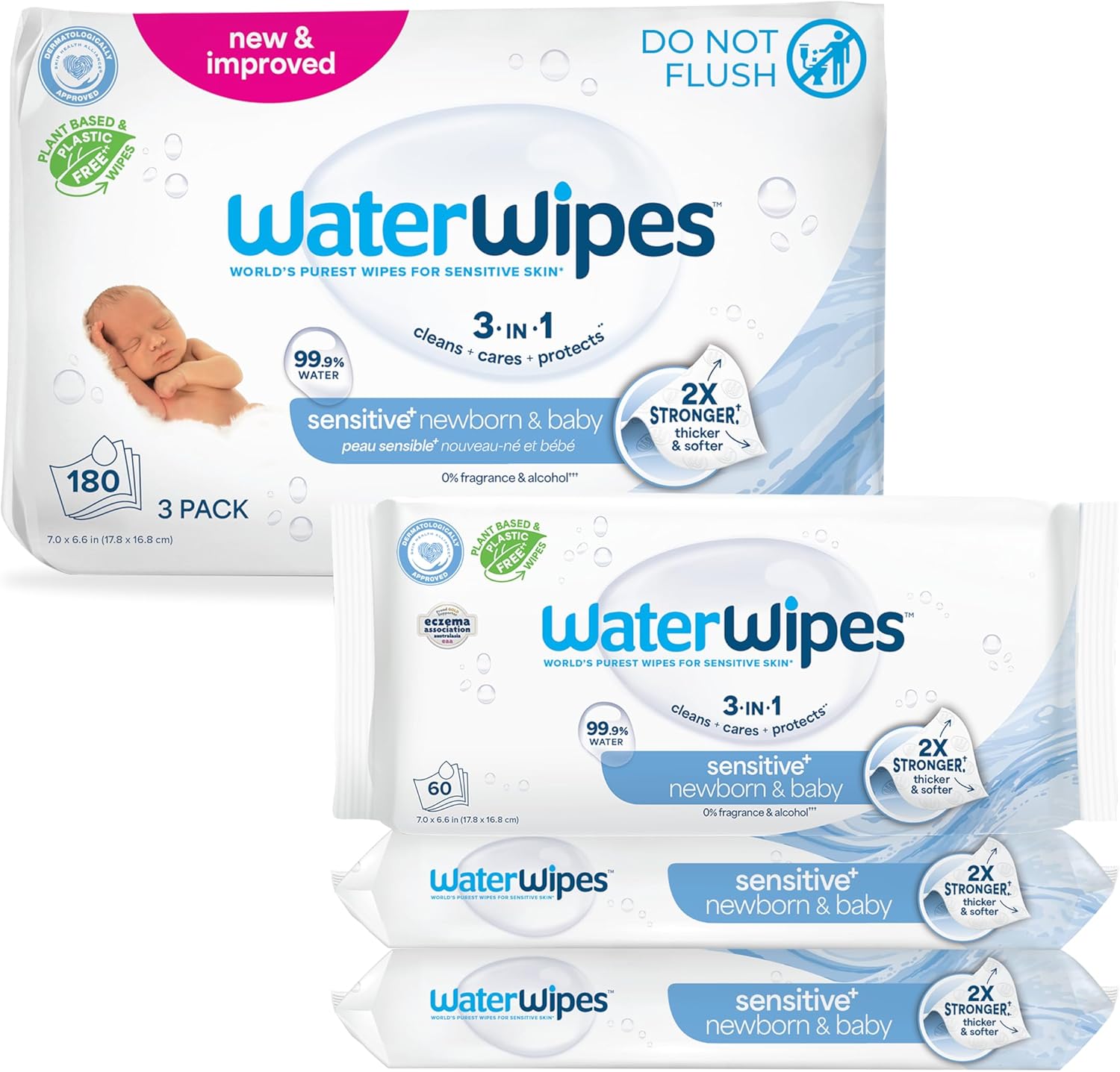 WaterWipes Sensitive+ Newborn & Baby Wipes, 3-in-1 cleans, cares, protects, 99.9% water, unscented & hypoallergenic, 60 count, 2x stronger, thicker & softer