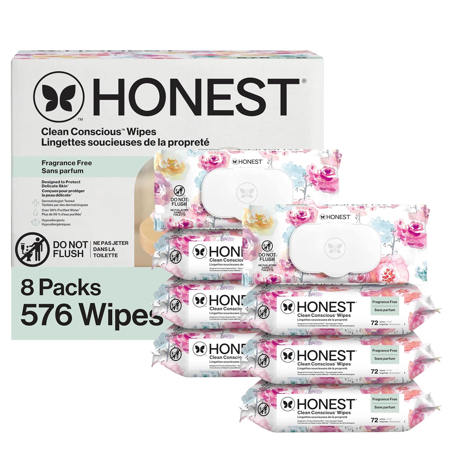 Honest Company Hypoallergenic Baby Wipes for Sensitive Skin, Fragrance-Free, 576 Count (6 Packs of 96)