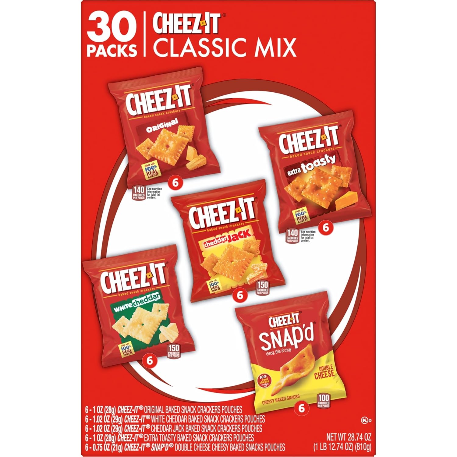 Cheez-It Original, Extra Toasty, Cheddar Jack, White Cheddar, and Cheez-It Snap'd Double Cheese Baked Snack Crackers Variety Pack, 28.74oz Box (30 Packs)