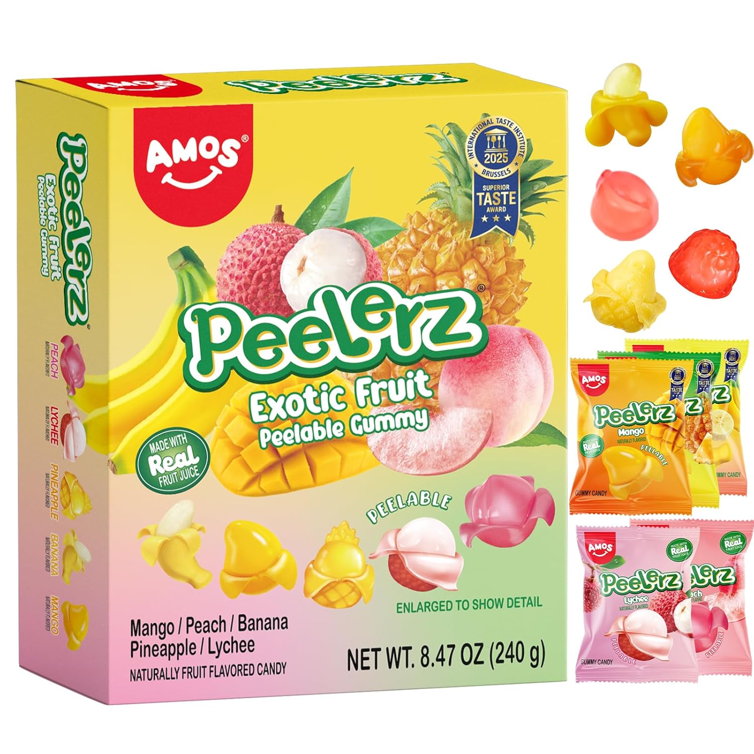 AMOS Peelerz Exotic Fruit Peelable Gummy Candy – 5 Fruit Flavors (Mango, Peach, Banana, Pineapple, Lychee), 8.47oz (240g), Individually Wrapped