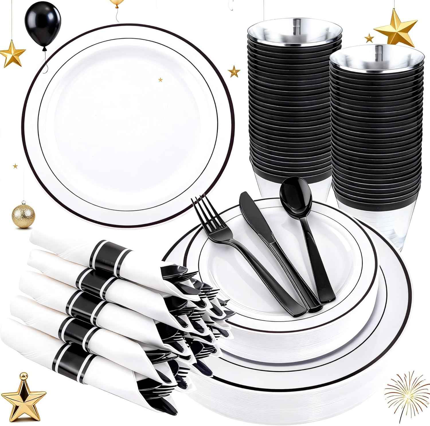 WELLIFE 700 Pieces Gold Plastic Dinnerware Set for 100 Guests - Includes Plates, Cups, Napkins, and Disposable Cutlery - Elegant White & Gold Design, Perfect for Parties and Events