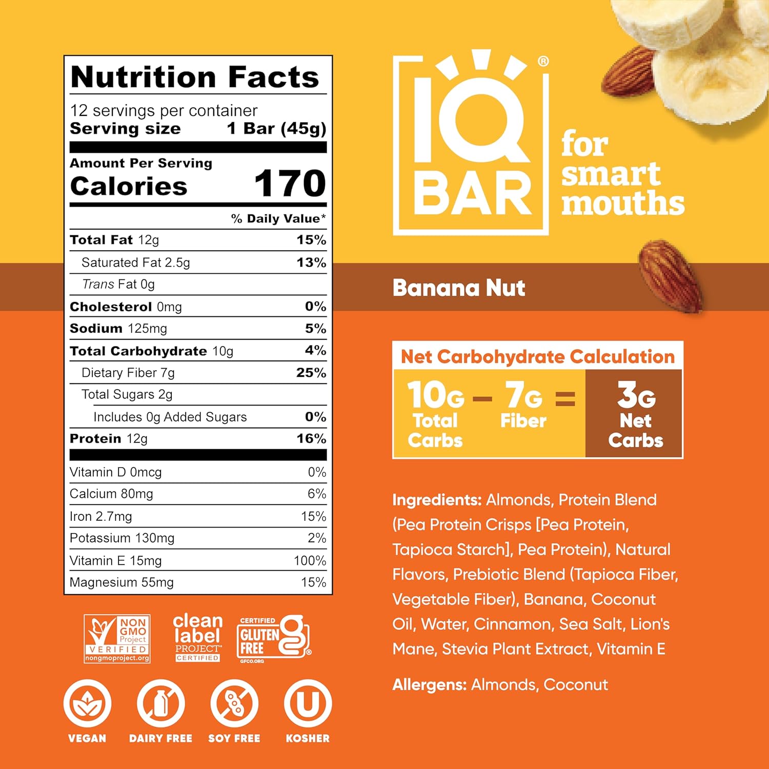 iqbar banana nut clean plant protein bar keto vegan high fiber 12 count gluten dairy free