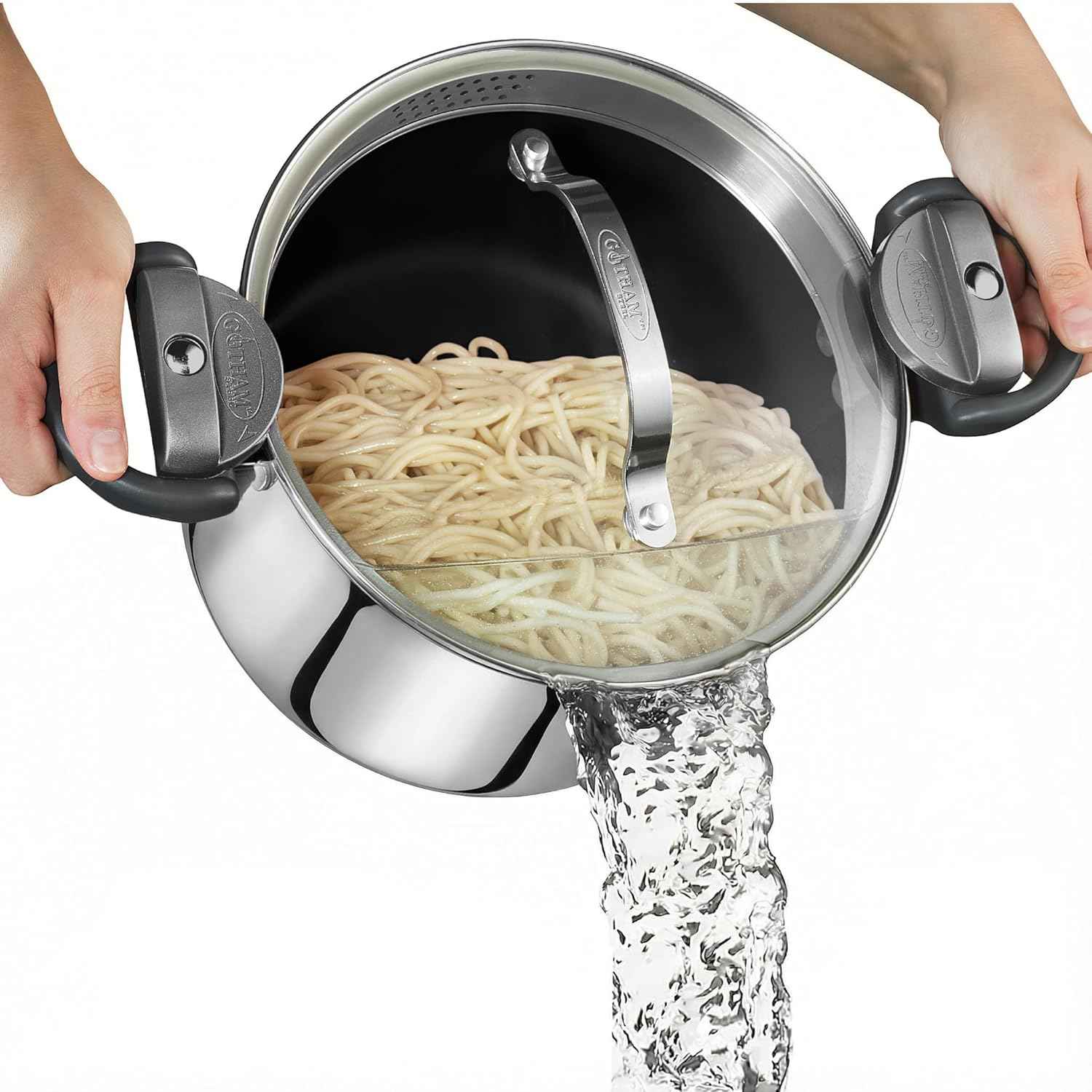 Gotham Steel 5 Quart Stock Pot Multipurpose Pasta Pot with Strainer Lid & Twist and Lock Handles, Nonstick Ceramic Surface Makes for Effortless Cleanup with Tempered Glass Lid, Dishwasher Safe