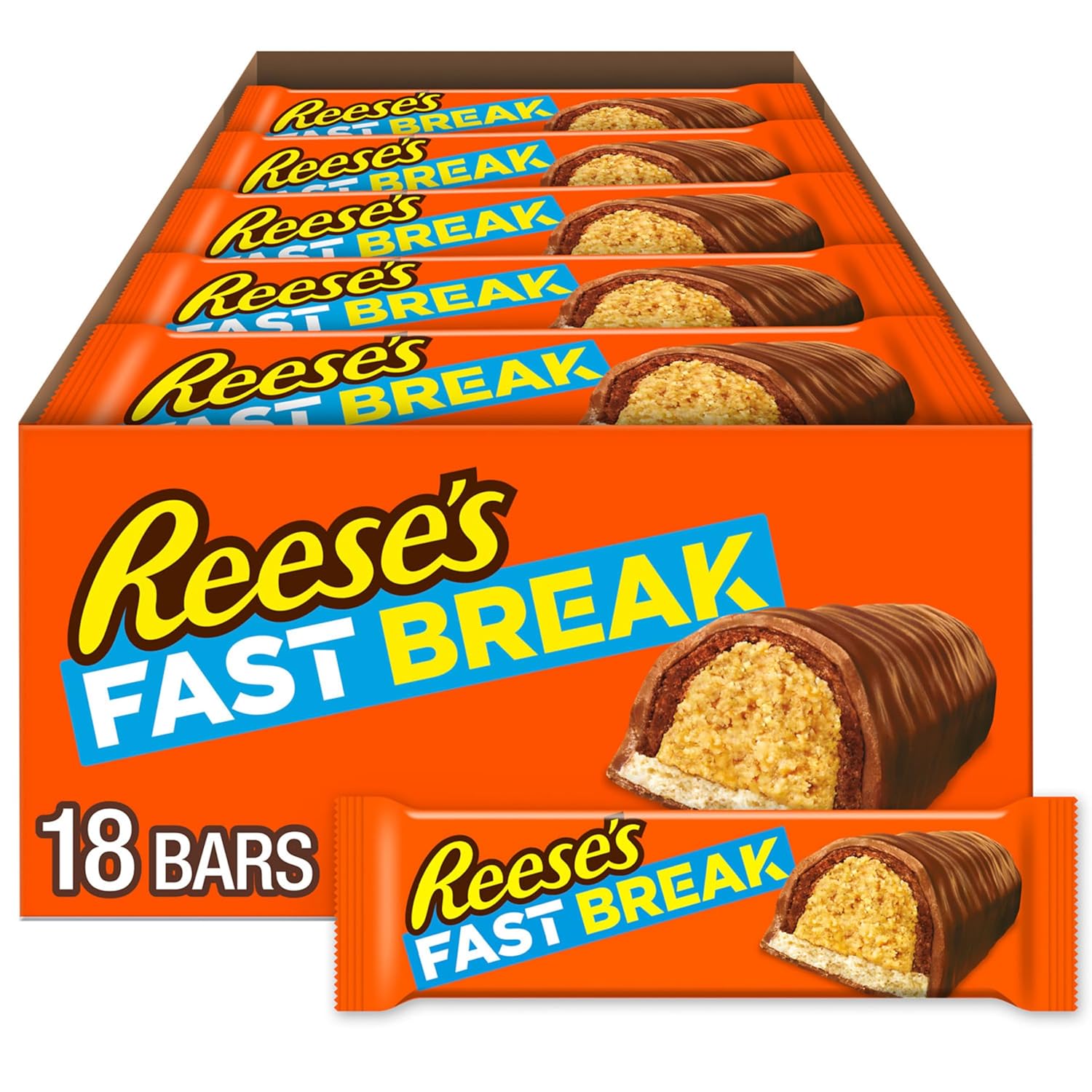REESE'S Fast Break Peanut Butter Nougat Candy Bars, 1.8 oz, 18-count bulk pack, kosher, gluten free