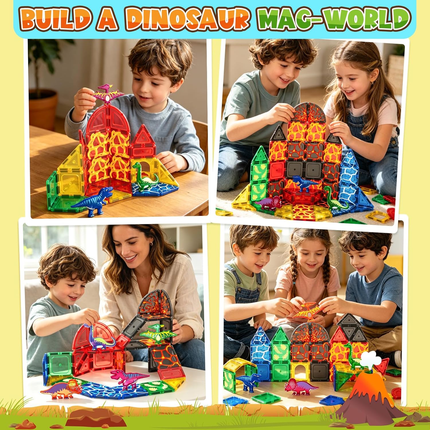 Coodoo Dinosaur Toys Magnetic Tiles Lava Dinosaur World Set - Magnetic Blocks Building for Kids 3-5 5-7 Girls Boys Toy Age 4-6 6-8, Classroom Must Haves Toddler Sensory for 3+ Year Old Kids Toys