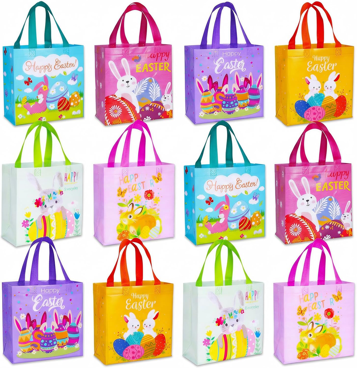 exun happy easter gift bags with handles, bunny carrot chick designs, reusable non-woven treat bags for party favors, gift wrapping, easter basket container, 6-pack, 9.1×8.7×4.5 inch