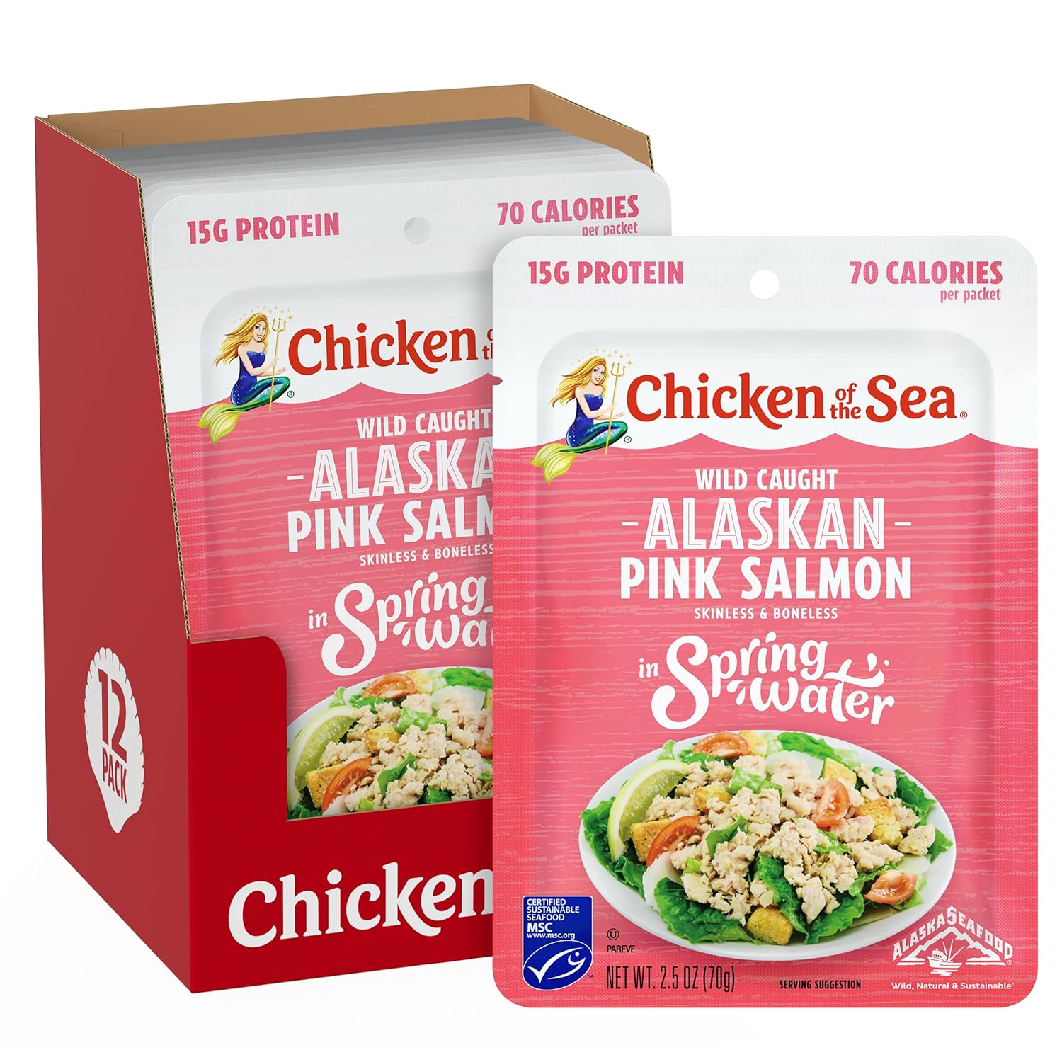 chicken of the sea alaskan pink salmon in spring water 2.5 ounce packets, wild caught, skinless & boneless, gluten-free, 12 count