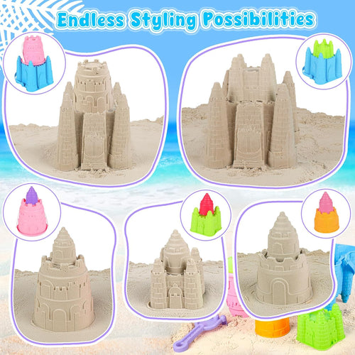 Beach Toys, Creative Sand Toys for Kids Boys and Girls, Sand Castle Building Kit with Stack Castle Buckets, Tools, Mesh Bags, Character Molds for Role Play, Outdoor Toys for Toddlers Kids Ages 3-10