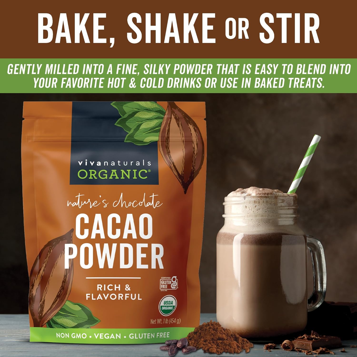 organic unsweetened cacao powder 1 lb rich dark chocolate flavor vegan keto paleo non-gmo gluten-free