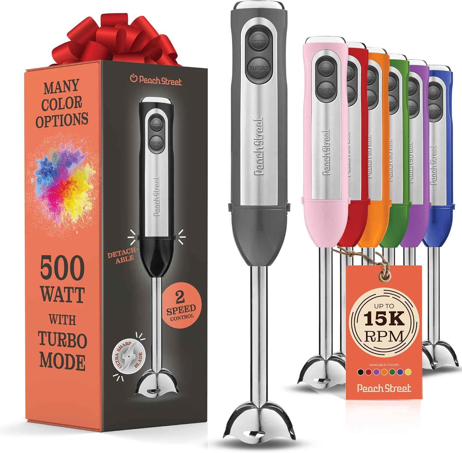 Powerful Immersion Blender, Electric Hand Blender 500 Watt with Turbo Mode, Detachable Base. Handheld Kitchen Gadget Blender Stick for Soup, Smoothie, Puree, Baby Food, 304 Stainless Steel Blades