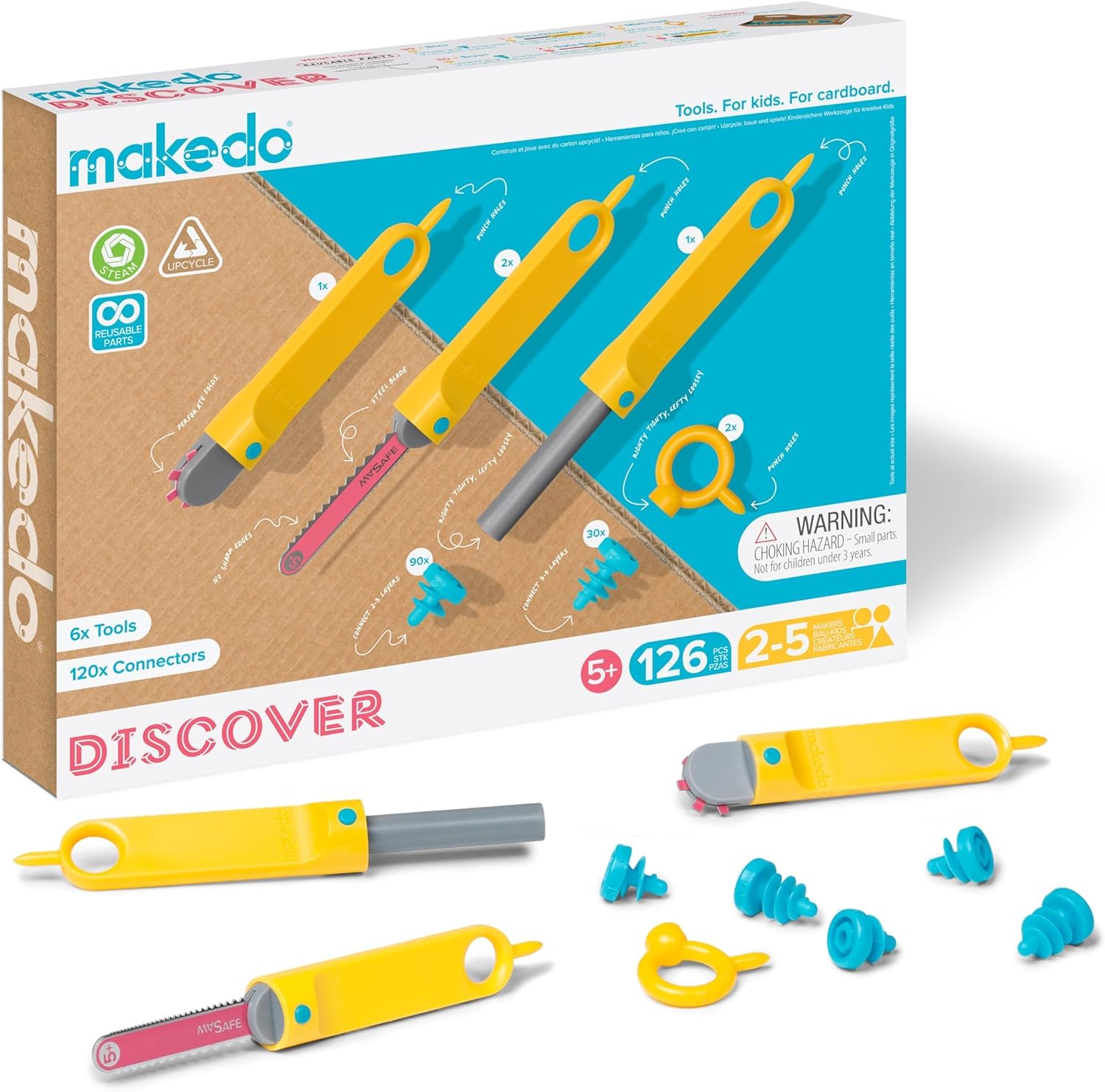 Makedo Discover | 126 Piece Cardboard Construction Toolbox for 1-5 Makers | STEM and STEAM Educational Toys for Kids | At Home Play + Classroom Learning | Reusable Tools for Boys and Girls Age 5+