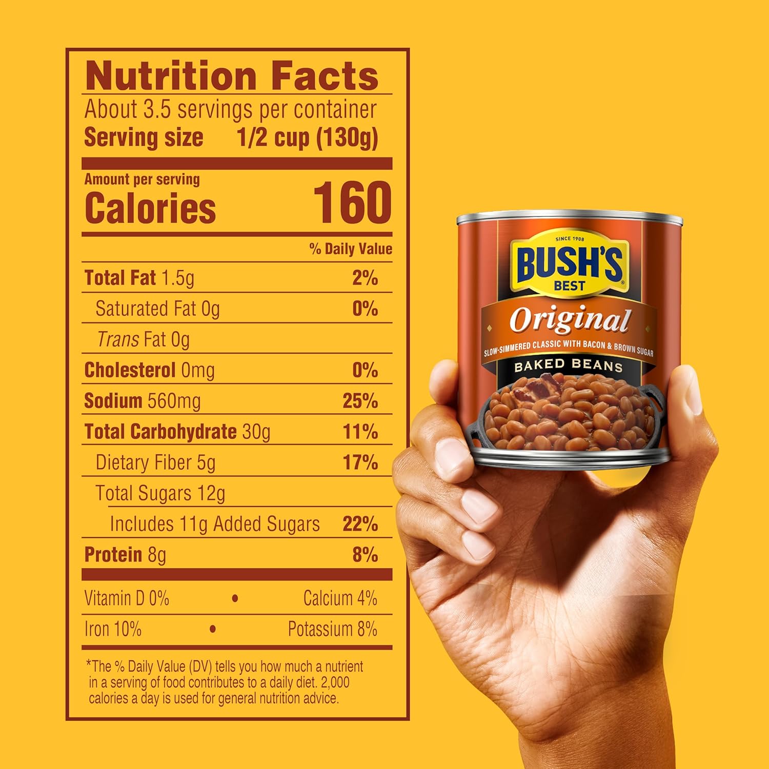 Bush's Best 16 oz canned original baked beans, plant-based protein, fiber, low fat, gluten free, 12 pack