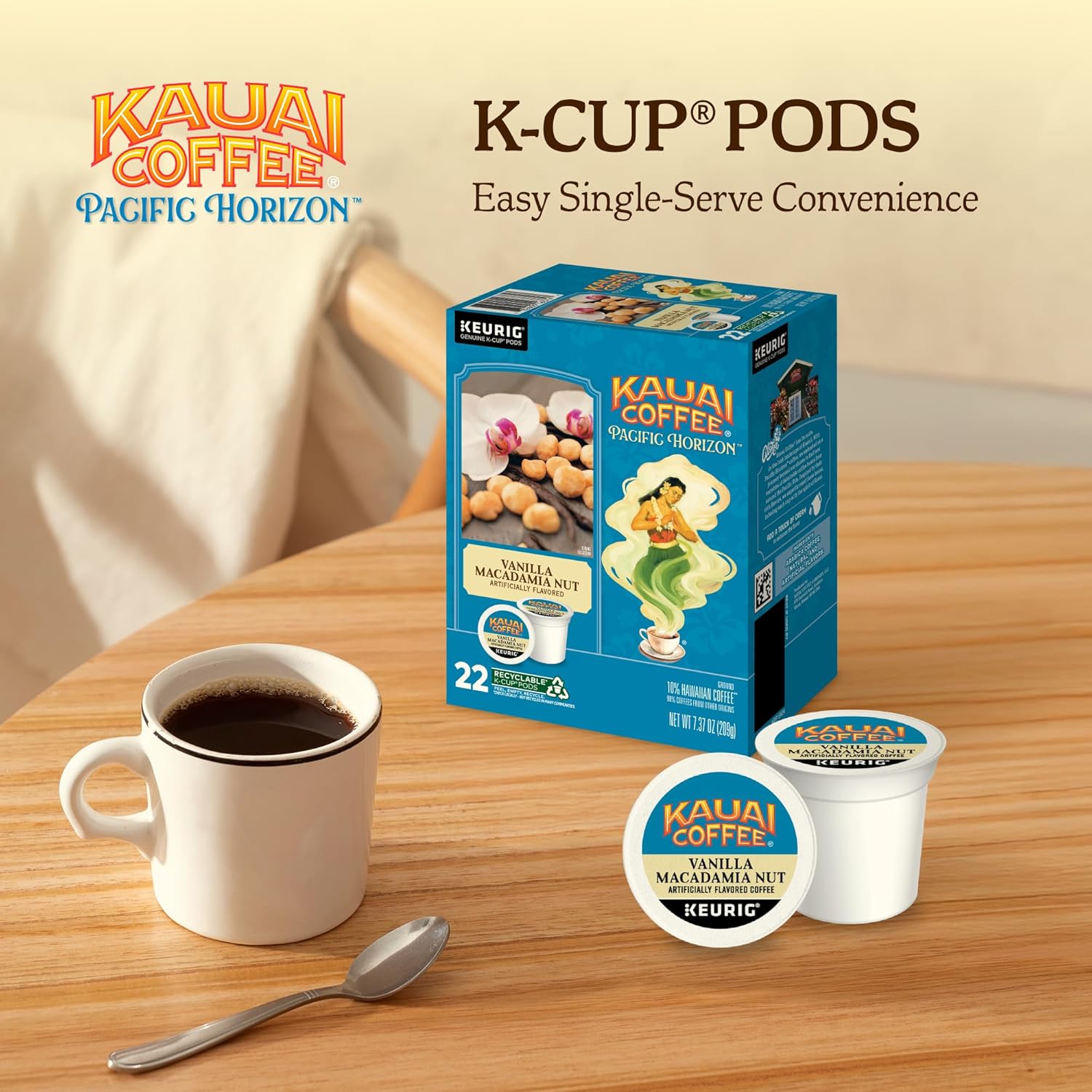 kauai coffee k-cup pods, arabica coffee, 10% hawaiian, medium roast, vanilla beans with toasted macadamia nuts, 22 count