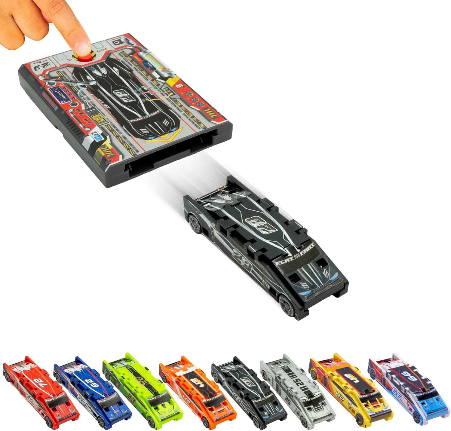 FLAT 2 FAST Original Stunt Card Racer – Flat Car Racer and Pocket Size Racecar Launcher with Built-in Button for Stunt Launching and Racing – Compact – Crimson Red