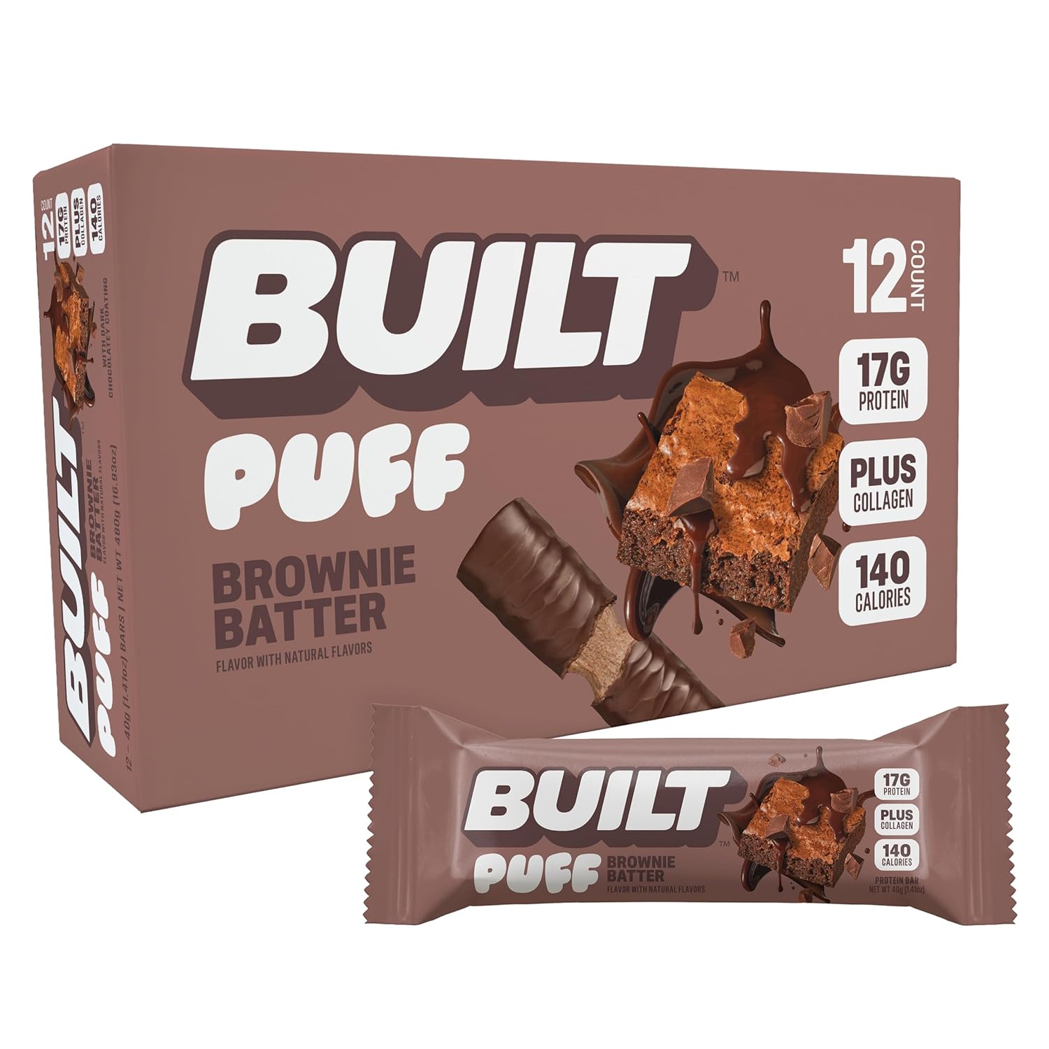 Built Bar, Brownie Batter Puff, 17g protein, 140 calories, gluten-free, 12 count