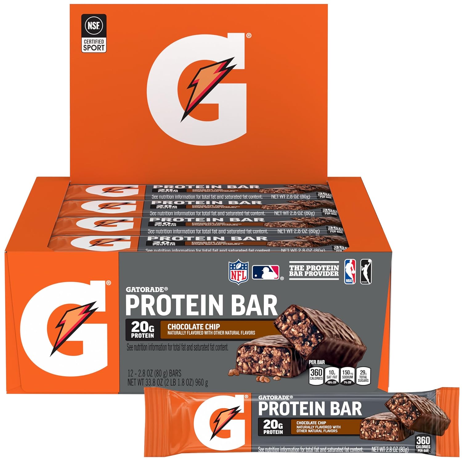 Gatorade whey protein recover bars, chocolate chip, 2.8 ounce, pack of 12, 20g protein, 42g carbs