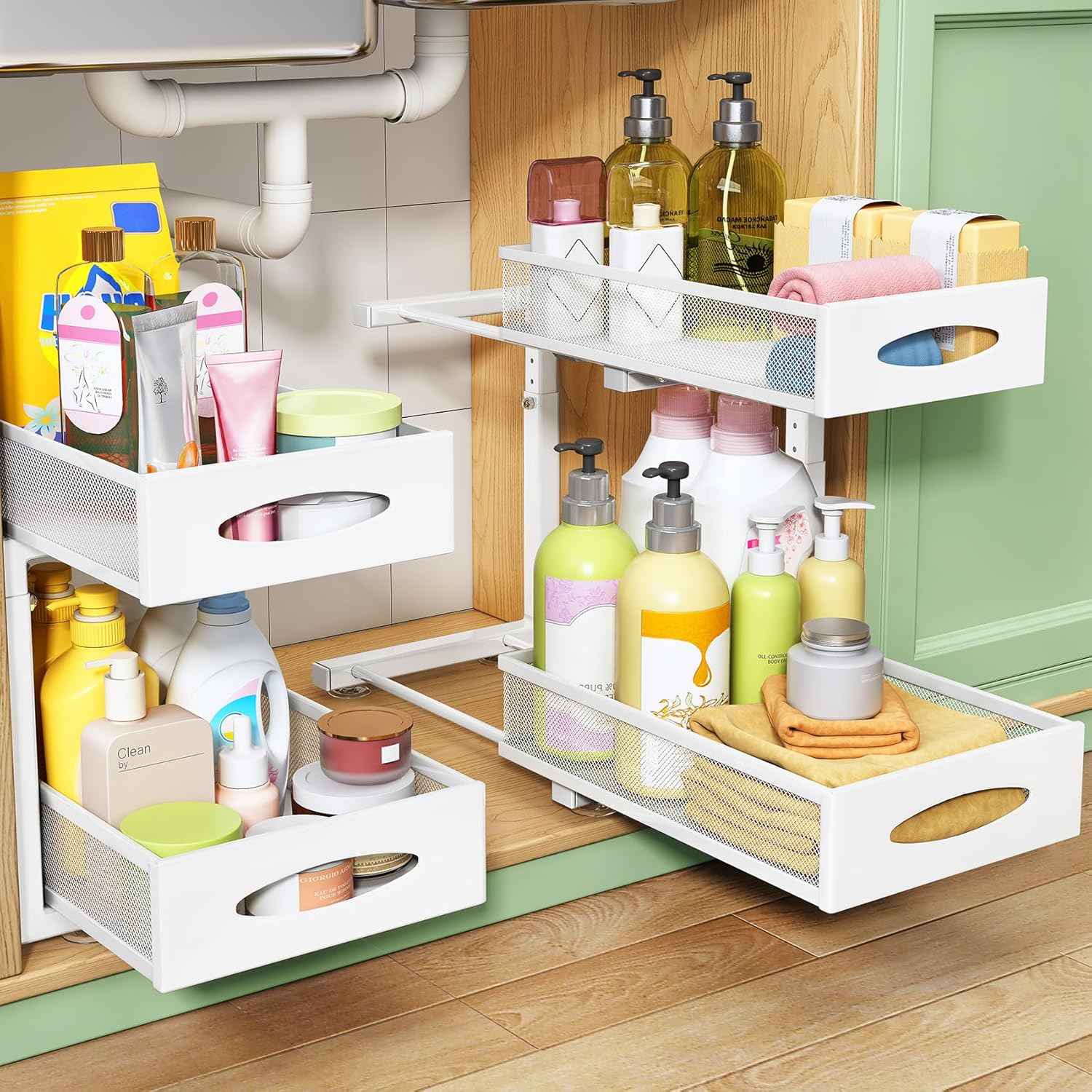 Under Sink Organizer, 2 Tier Pull out Cabinet Organizer Baskets with Mesh Sliding Drawers, Slide out Storage Shelf for Home, Kitchen, Bathroom, Pantry, Office Cabinet, Countertop(1 Pack)