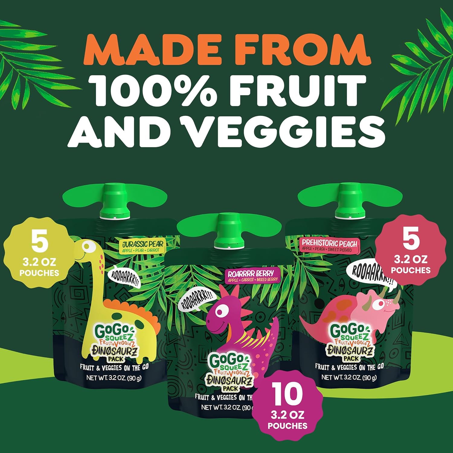 gogo squeeZ fruit & veggieZ applesauce and puree variety pack, 20 count, 3.2 oz, unsweetened snacks for kids, bpa free pouches