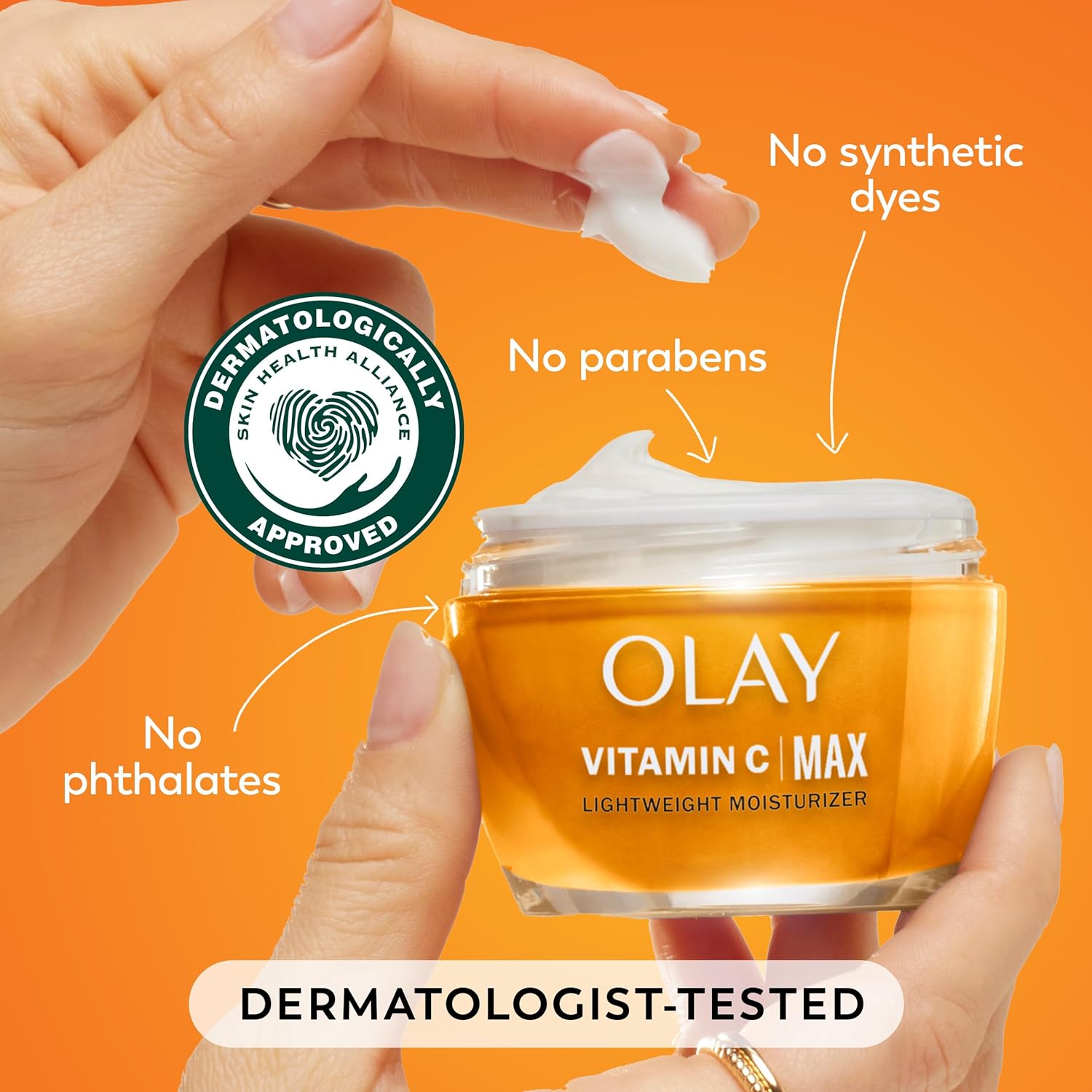 olay vitamin c max face moisturizer for women, hydrating and brightening cream with niacinamide, peptides, 1.7 oz
