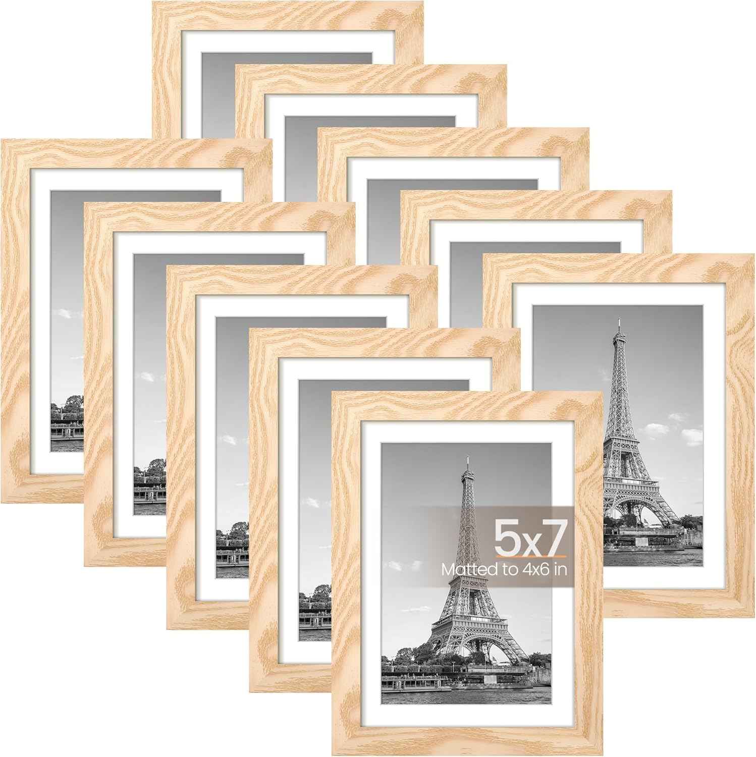 upsimples 5x7 Picture Frame Set of 10, Display Pictures 4x6 with Mat or 5x7 Without, Multi Photo Frames Collage for Wall or Tabletop Display, Black