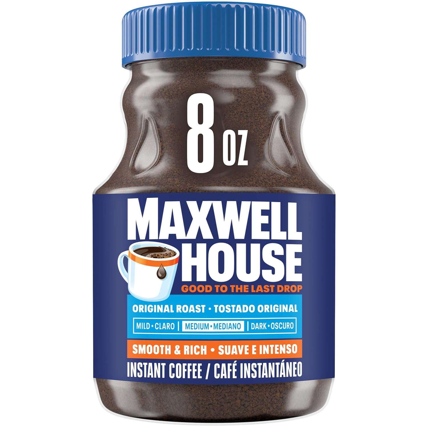 maxwell house original roast instant coffee, 8 oz, smooth, rich, full-bodied, no brewer required