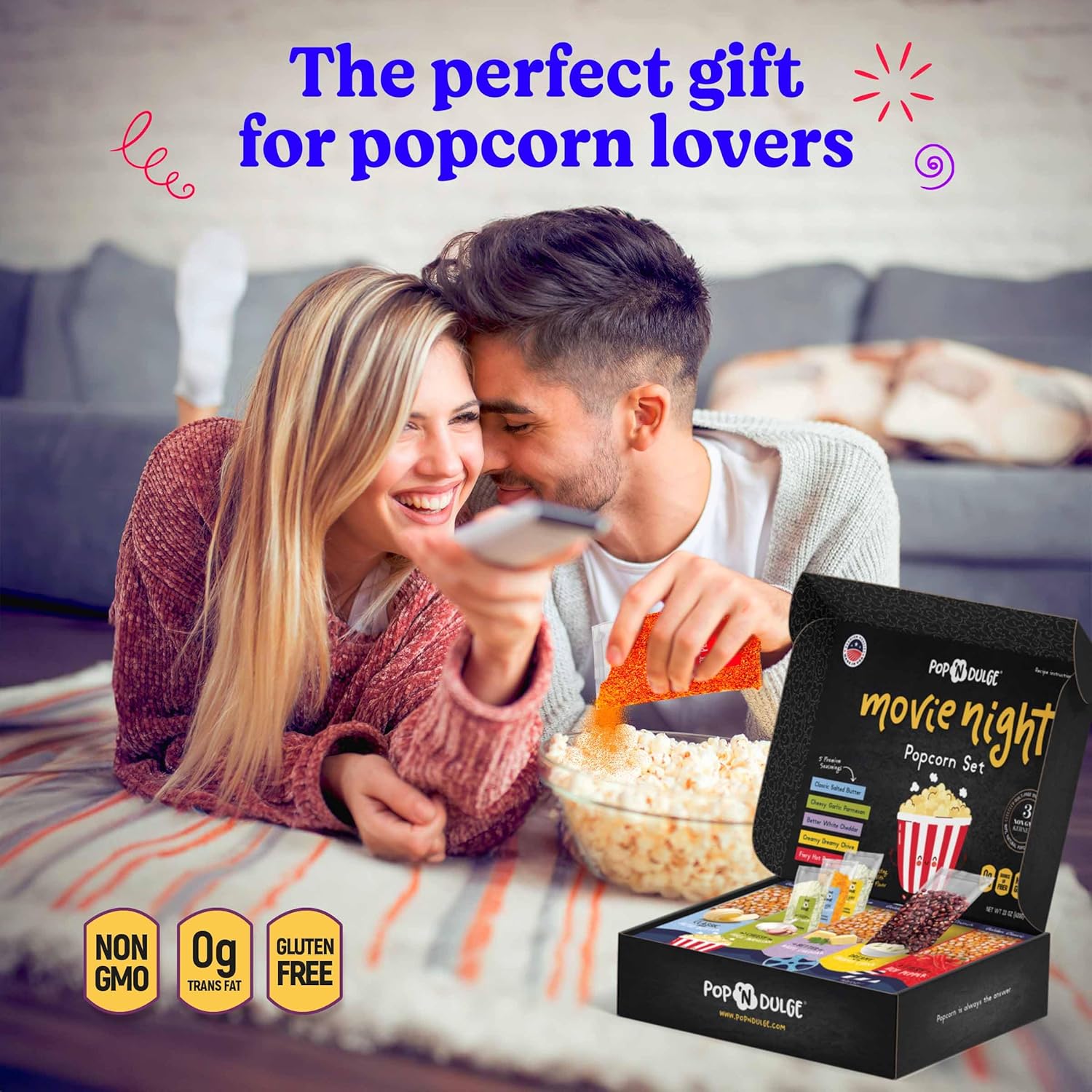 Pop n' Dulge popcorn movie night gift set with 5 gourmet kernels and 5 seasoning packs - 16 piece non-GMO kosher snacks