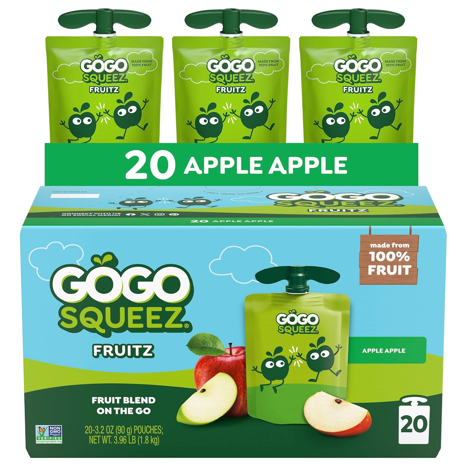 gogo squeeZ fruit on the go, apple apple, 3.2 oz, unsweetened, gluten free, nut free, recloseable, bpa free, pack of 20