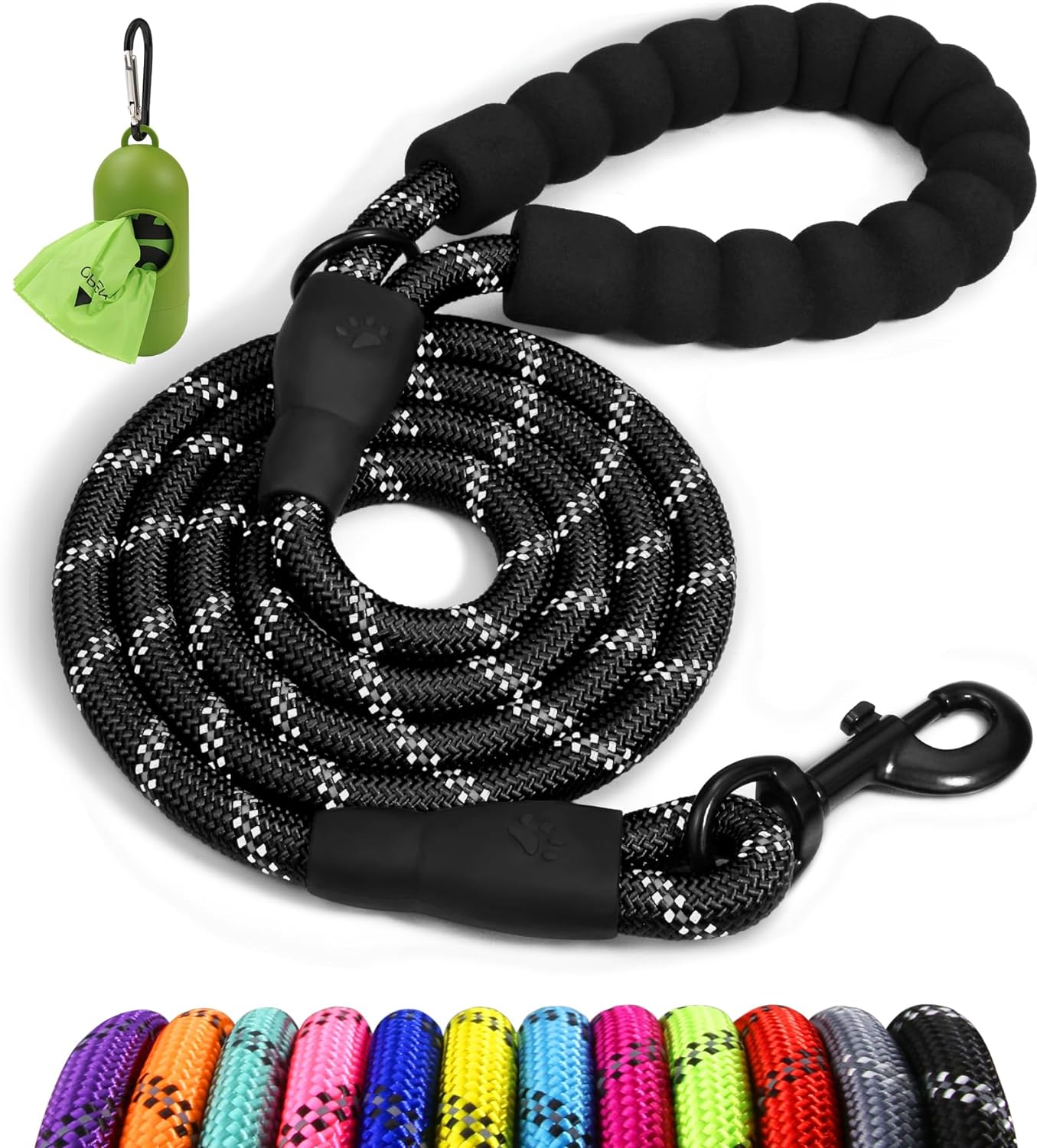 Taglory 6 FT Rope Dog Leash for Medium Large Dogs with Padded Handle, Reflective Threads, 1/2 inch, Black