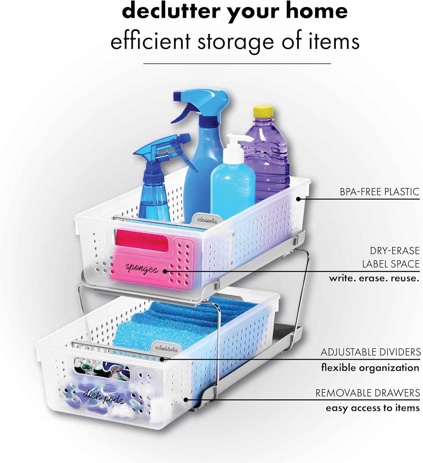 madesmart 2 Tier Bath Organizer, Undersink Storage with Sliding Drawers, for Cleaning Supplies, Pantry, Sponges, Bottles & Kitchen Essentials, Adjustable Dividers & Pull Out Sliding Baskets, Frost